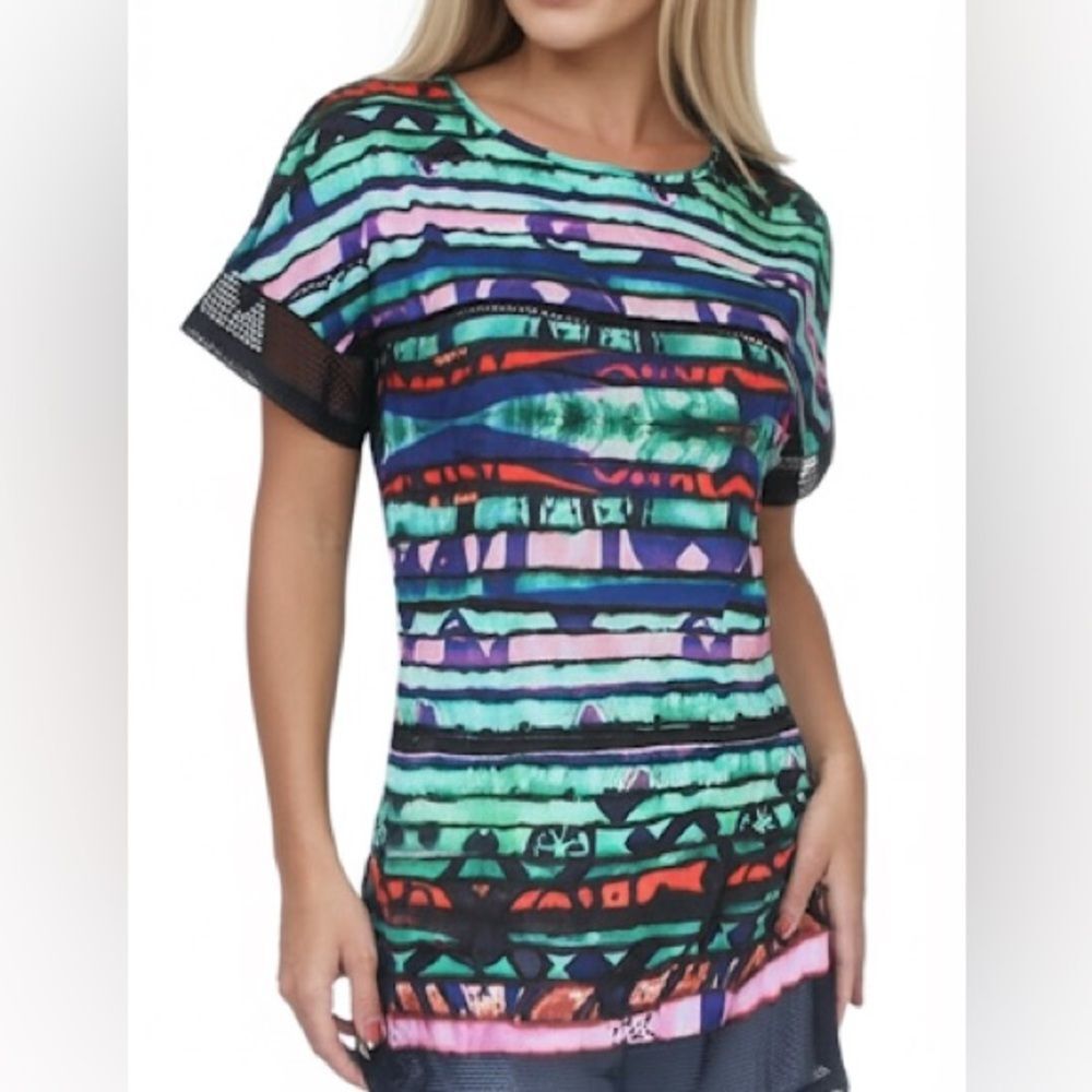 Even Multicolor Tie Dye Stripe Open Mesh Short Sleeve Blouse Size XS